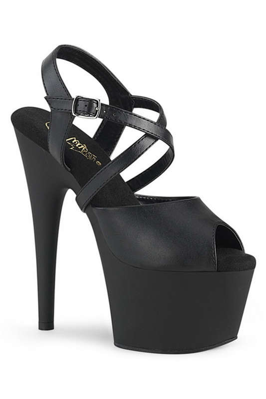 7" Heel Black Faux Leather Peep Toe Ankle Strap Sandals