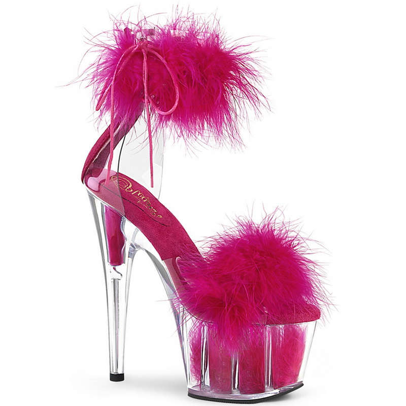 7" Heel Hot Pink Marabou Fur Ankle Cuff Sandals