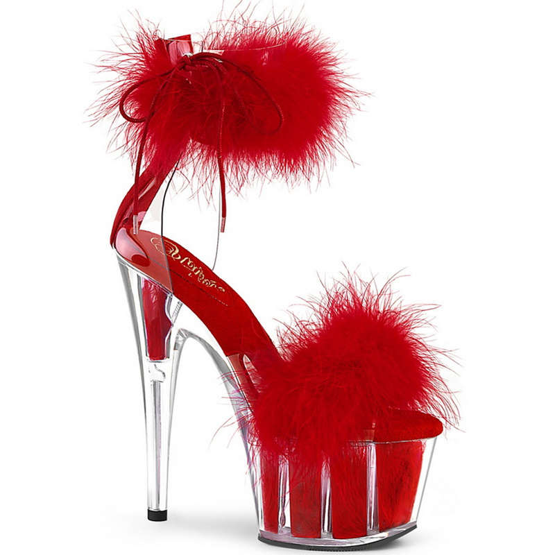 7" Heel Red Marabou Fur Ankle Cuff Sandals