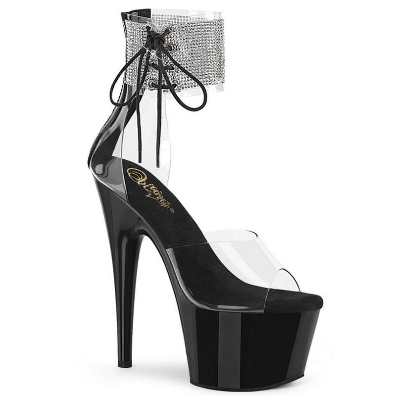 7" Heel Black Platform Rhinestone Embellished Ankle Cuff Sandals