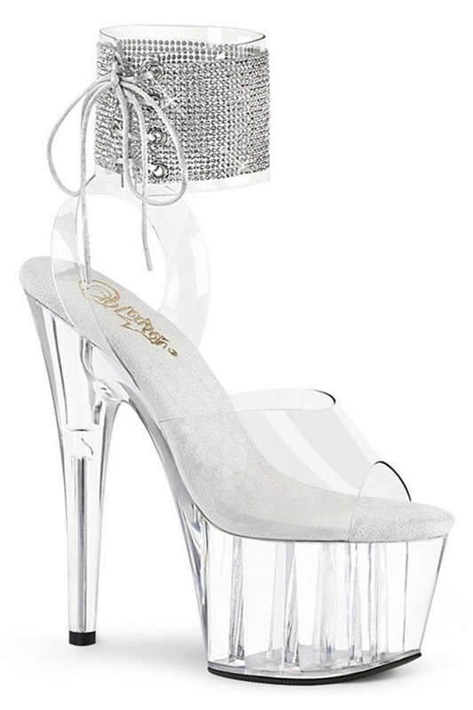 7" Heel Clear Platform Rhinestone Embellished Cuff Sandals