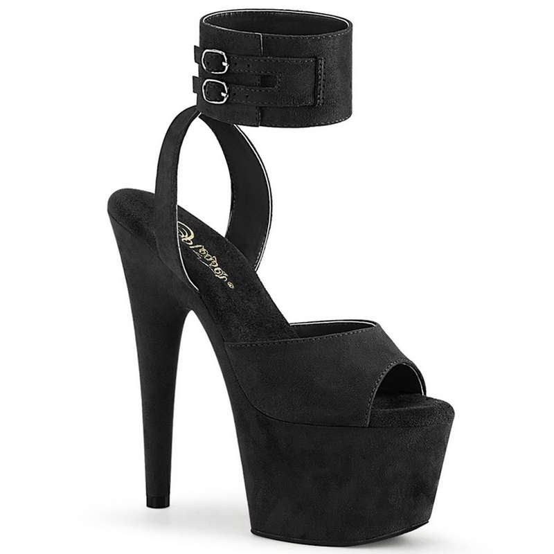 7" Heel Black Faux Suede Platform Ankle Band Sandals