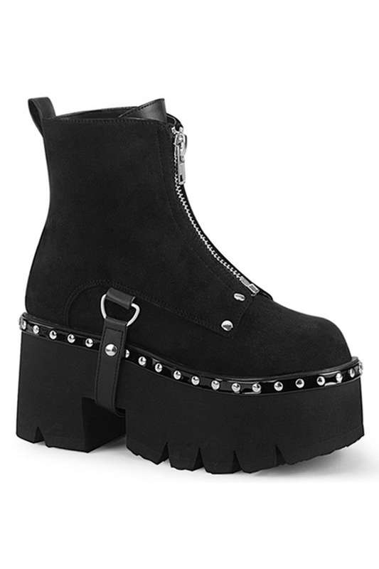 3 1/2" Chunky Heel Black Vegan Suede Cut Out Platform Ankle Boots