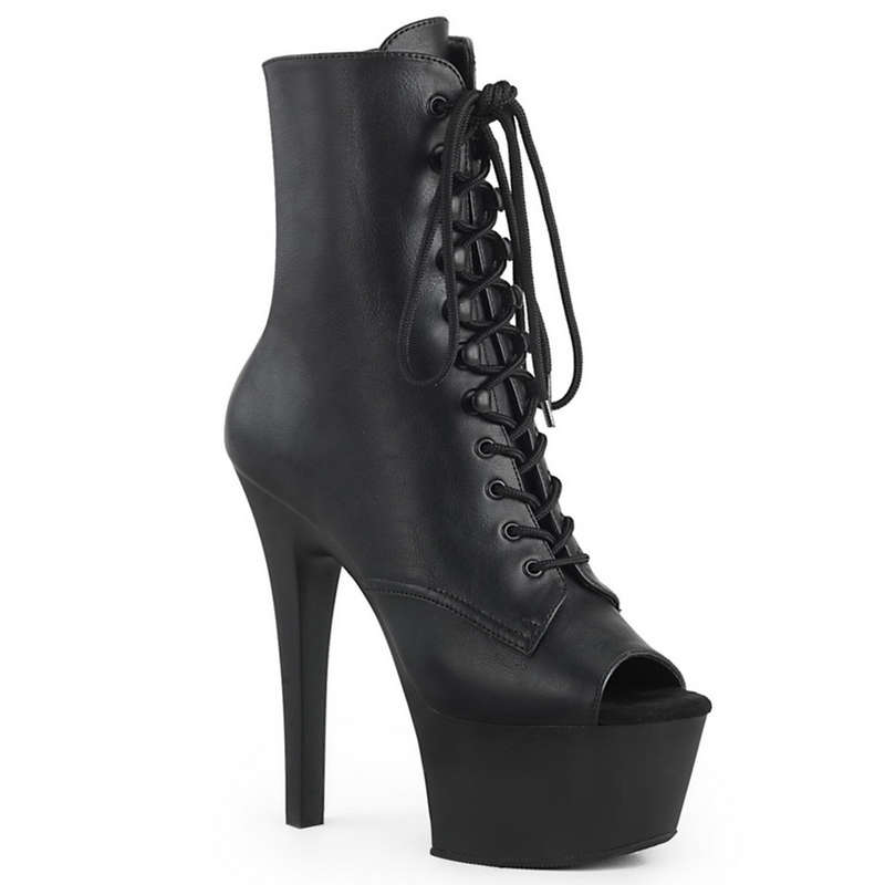 6" Heel Black Faux Leather Platform Open Toe Ankle Boots
