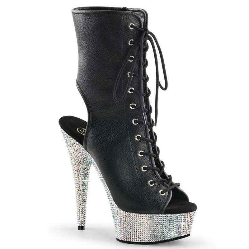 6" Heel Black Faux Leather & Rhinestone Encrusted Platform Ankle Boots