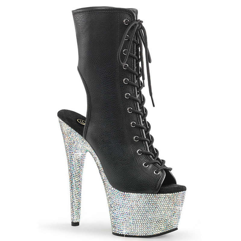 7" Heel Black Faux Leather & Rhinestone Encrusted Platform Ankle Boots