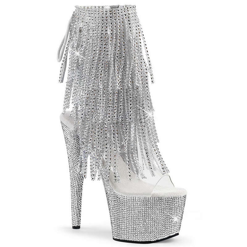 7" Silver Rhinestone Encrusted Platform Ankle Boots