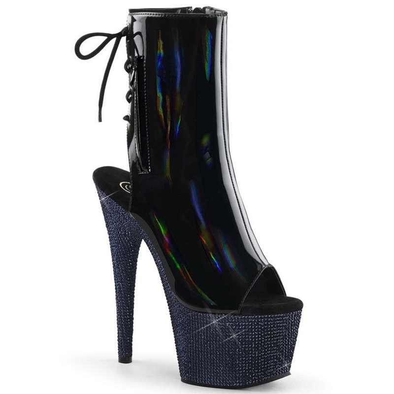 7" Heel Black Hologram & Rhinestone Platform Ankle Boots