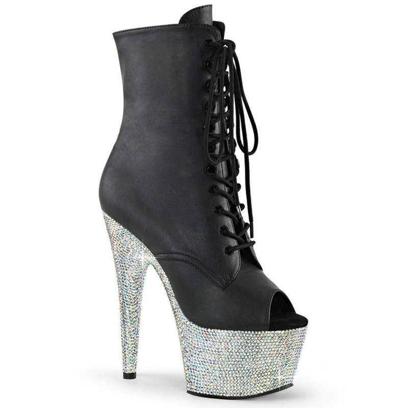 7" Heel Faux Leather Peep Toe Rhinestone Encrusted Platform Ankle Boots