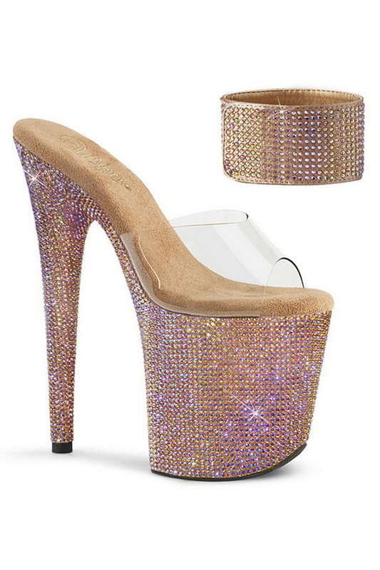 8" Heel Rose Gold Rhinestones Encrusted Platform Sandals