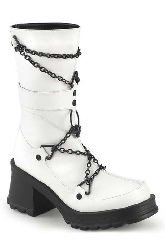 Demonia 2 3/4" Chunky Heel White Vegan Leather Mid-Calf Boots