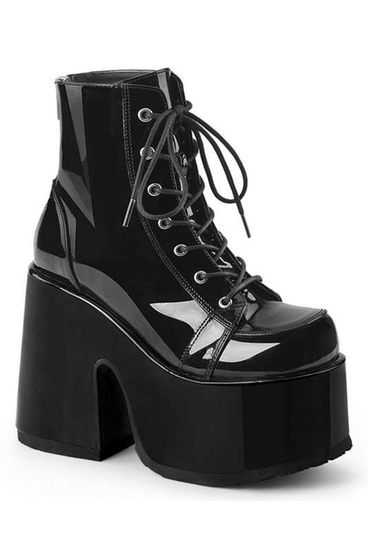 5" Chunky Heel Black Patent Lace-Up Ankle Boots