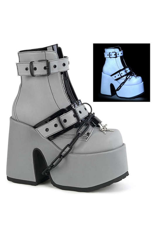 Demonia 5" Chunky Heel Grey Reflective Vegan Leather Ankle Boots