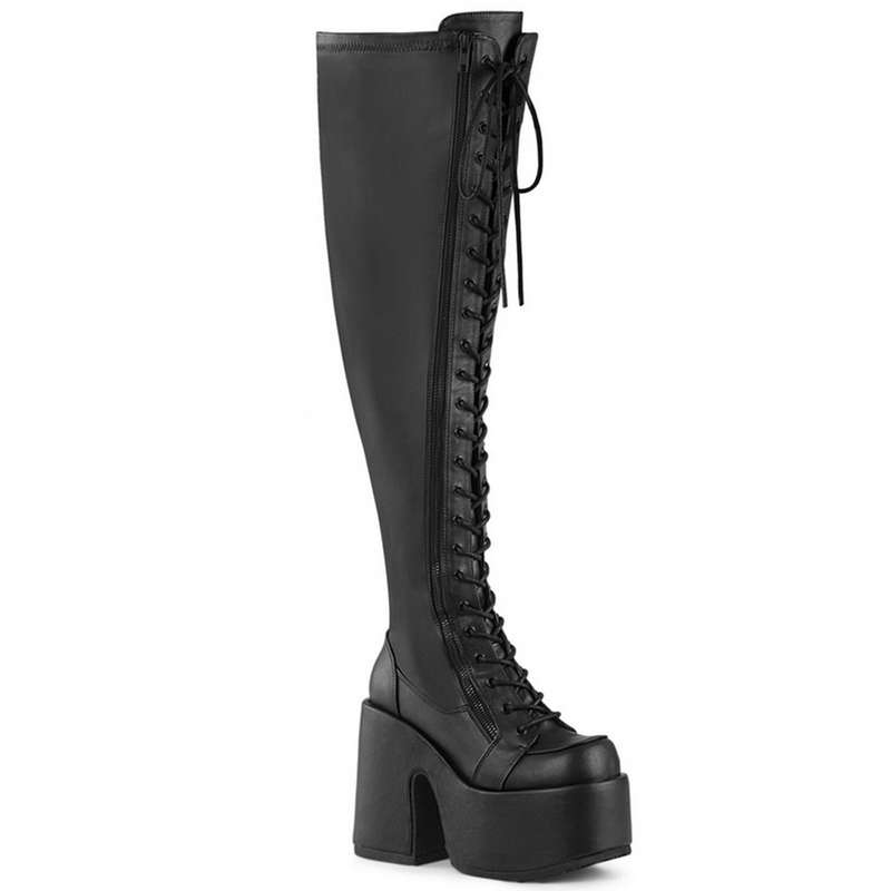 Demonia 5" Chunky Heel Black Vegan Leather Wide Calf Thigh-High Boots