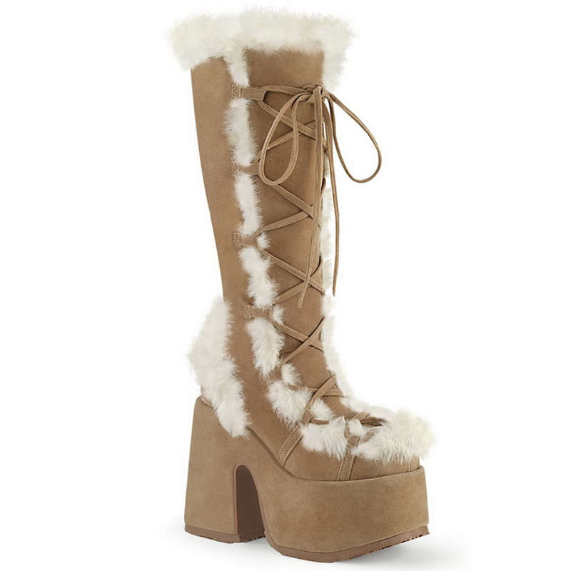 Demonia 5" Heel Brown Vegan Suede Knee High Boots