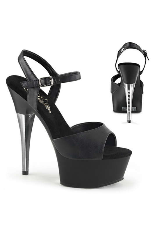 6" Rhinestone Heel Black Faux Leather Ankle Strap Sandals