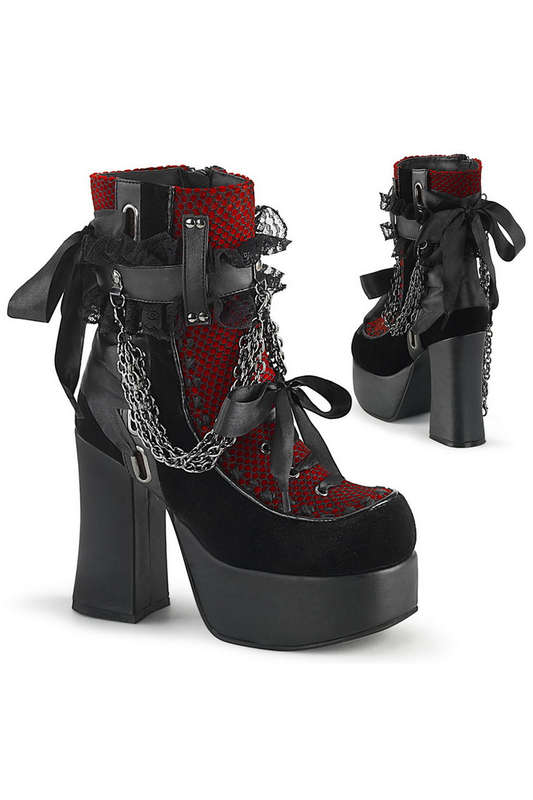 4" Block Heel Black Vegan Leather & Red Velvet Ankle Boots