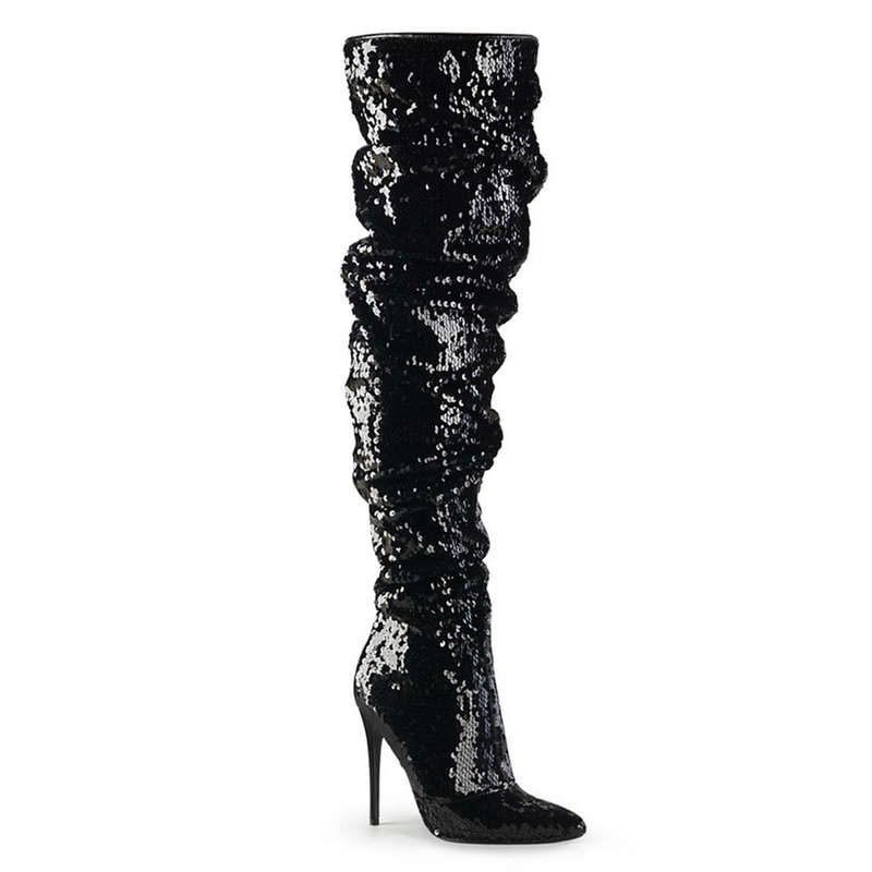 5" Heel Black Sequins Thigh High Boots