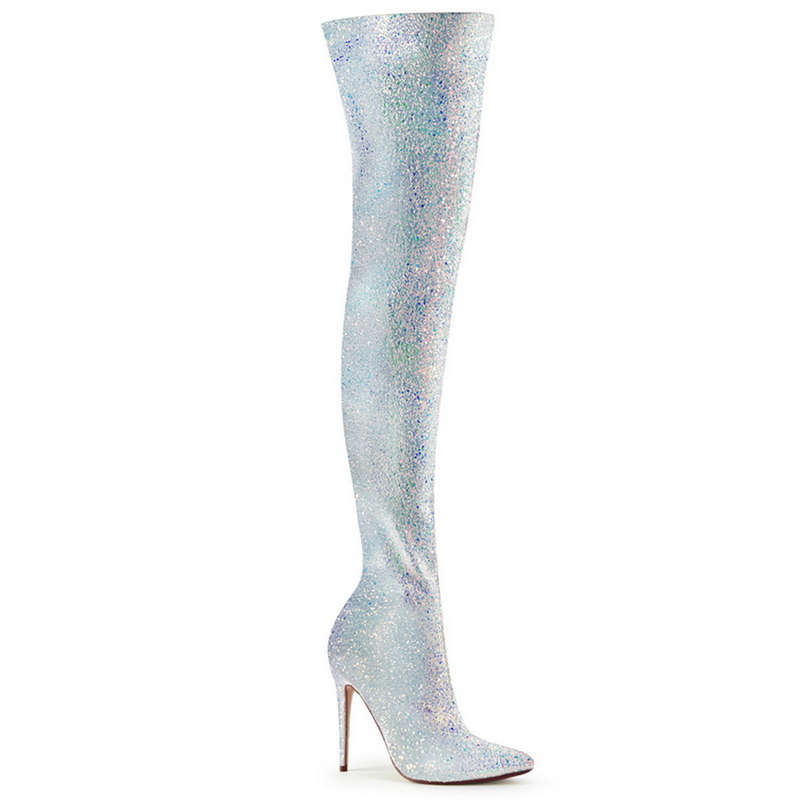 5" Heel White Multi Glitter Thigh High Boots