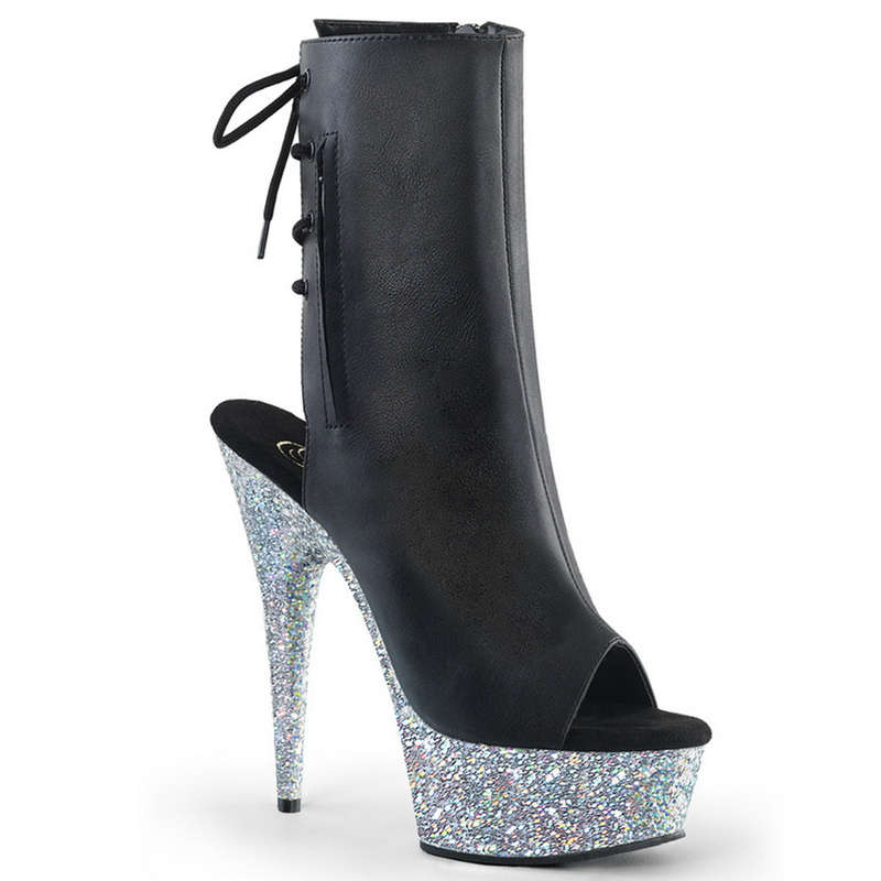 6" Heel Black Faux Leather Open Toe & Heel Ankle Boots