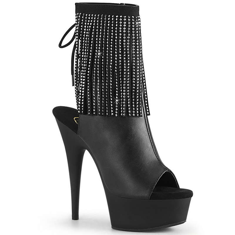 6" Heel Black Faux Leather Open Toe Lace Up Ankle Boots