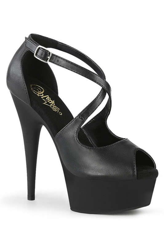 6" Heel Black Faux Leather Peep Toe Criss-Cross Sandals
