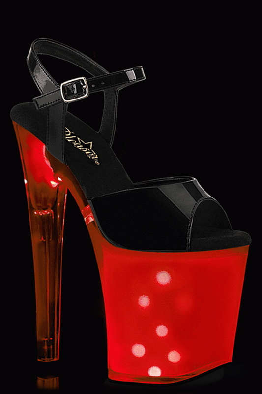 8" Heel Black Patent & White Glow LED Light-Up Dots Ankle Strap Sandals