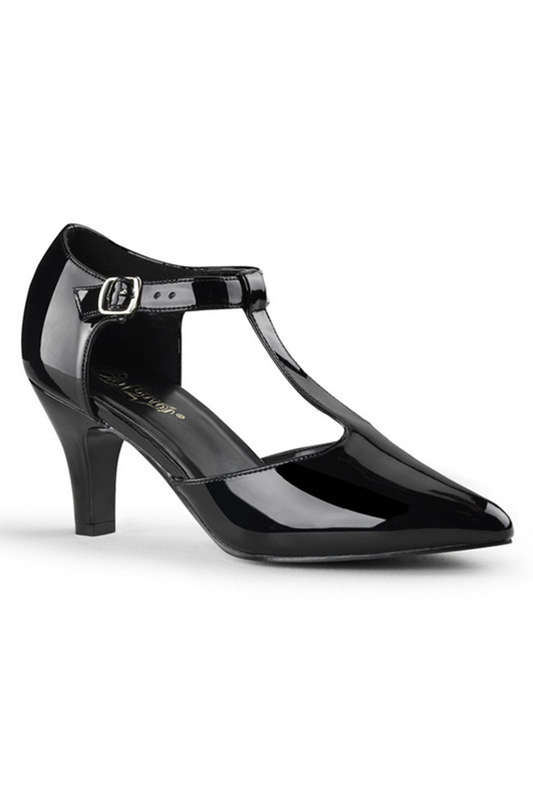 3" Heel Black Patent T-Strap Pumps