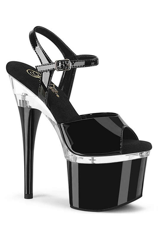 Pleaser 7" Heel Black & Clear Platform Ankle Strap Sandals
