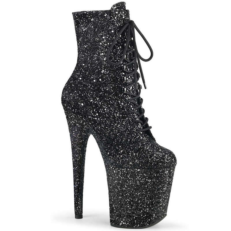 8" Black Glitter Lace-Up Front Ankle Boots
