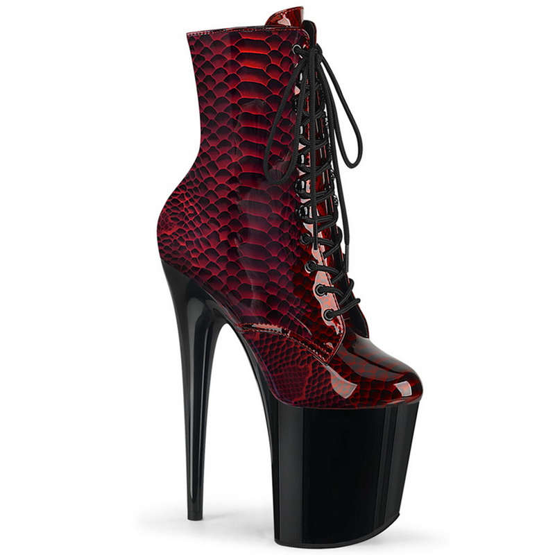 8" Heel Red Snake Print Lace-Up Front Ankle Boots