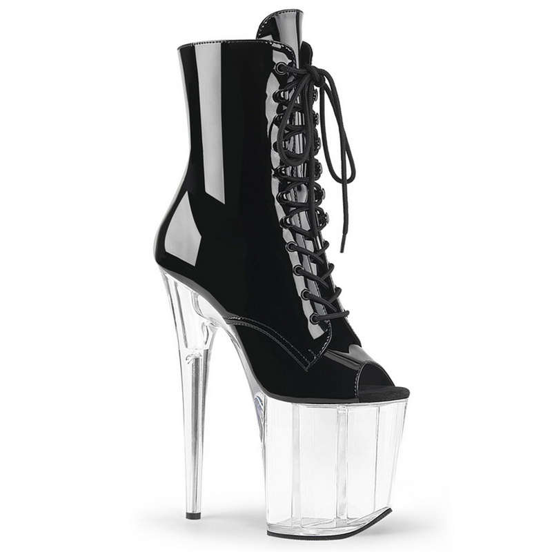 8" Heel Black & Clear Platform Peep Toe Ankle Boots