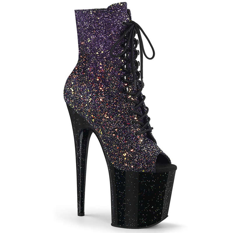 8" Heel Purple Multi Glitter Platform Peep Toe Ankle Boots