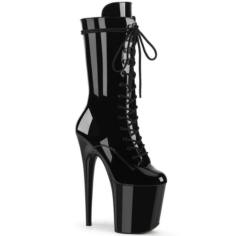8" Heel Black Platform Lace-Up Front Mid Calf Boots