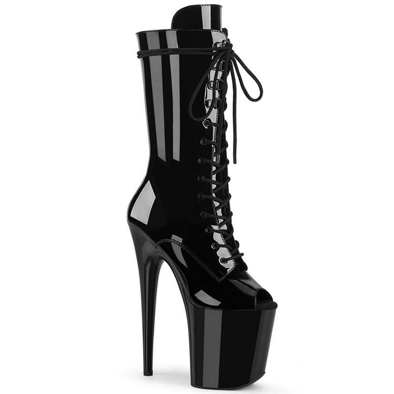 8" Heel Black Peep Toe Mid-Calf Boots