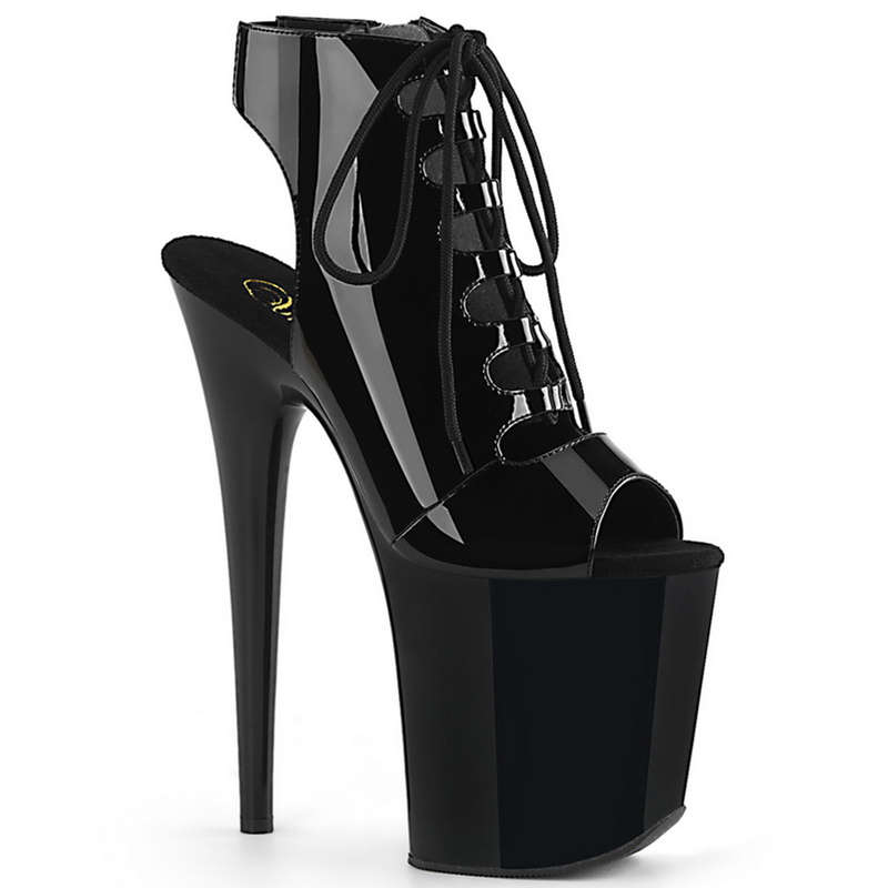 8" Heel Black Patent Open Toe Sandals