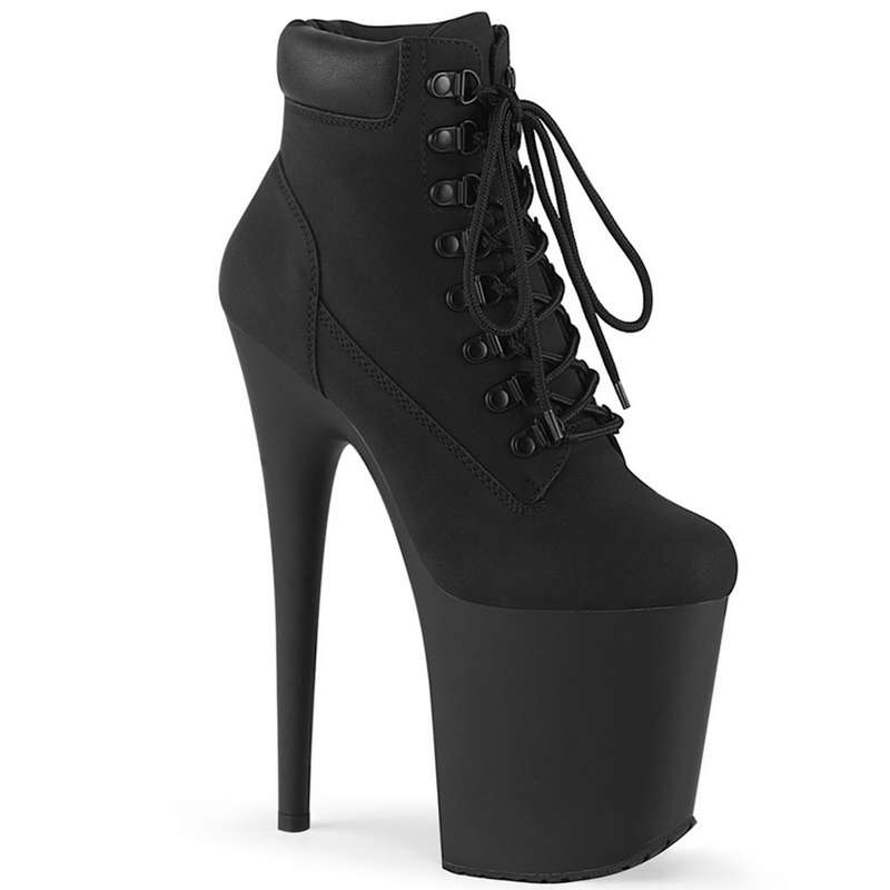 8" Heel Black Nubuck Faux Leather Lace-Up Front Booties