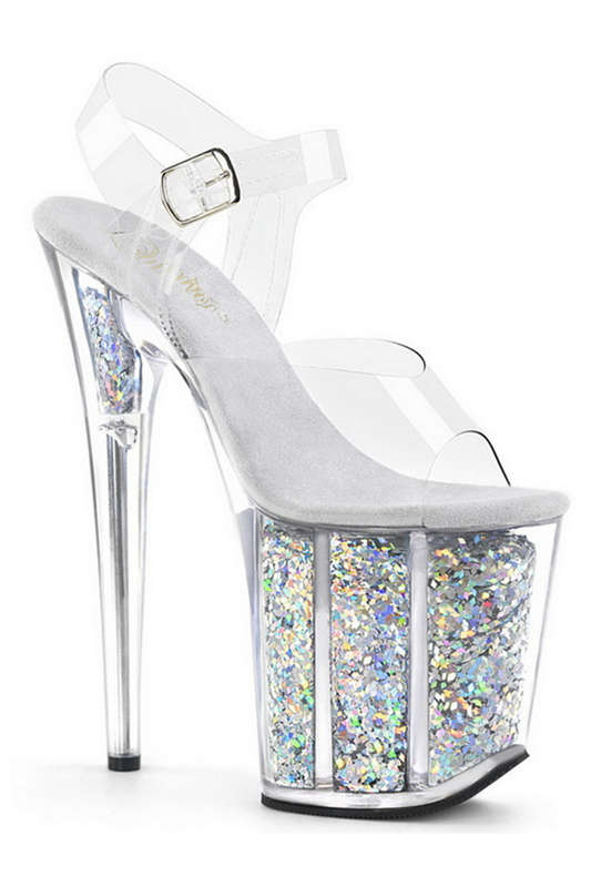 8" Heel Silver Multi Glitter Ankle Strap Sandals