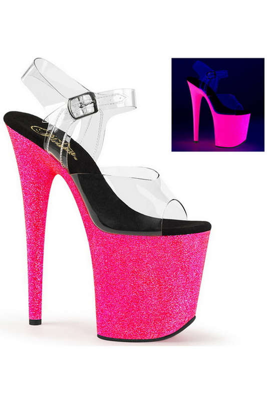 8" Heel Hot Pink Glitter UV Reactive Ankle Strap Sandals