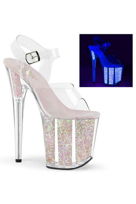 8" Heel Neon Opal Glitter UV Reactive Ankle Strap Sandals
