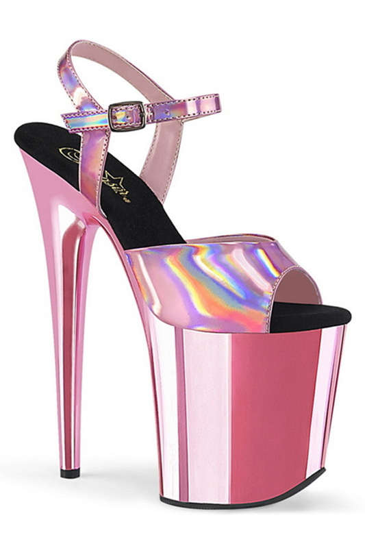 8" Heel Baby Pink Hologram Ankle Strap Sandals