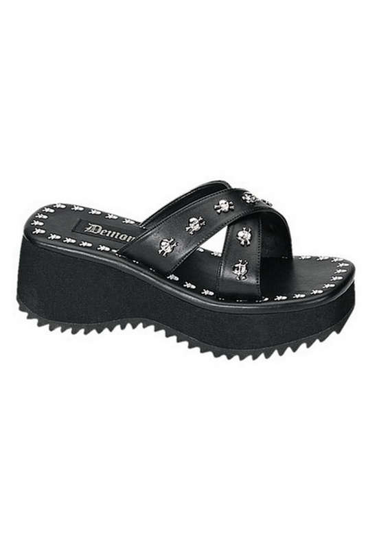 Black Skull & Studs Vegan Leather Sandal Wedge