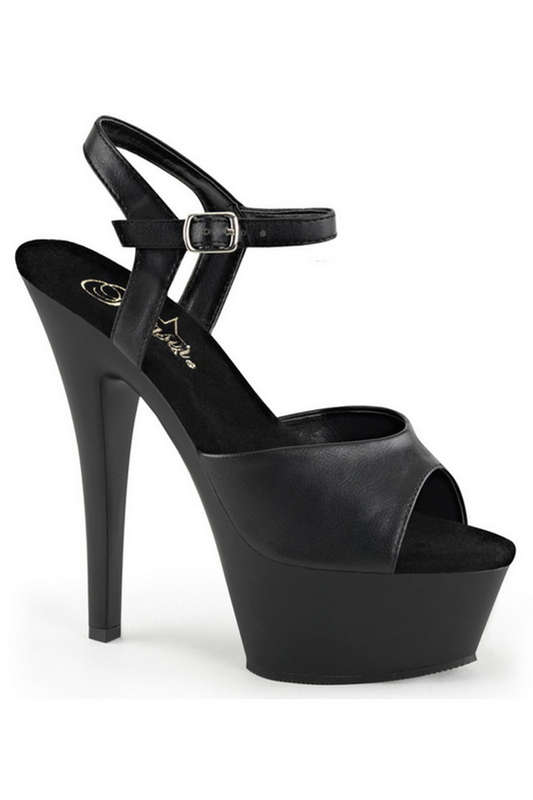 6" Heel Black Faux Leather Platform Ankle Strap Sandals