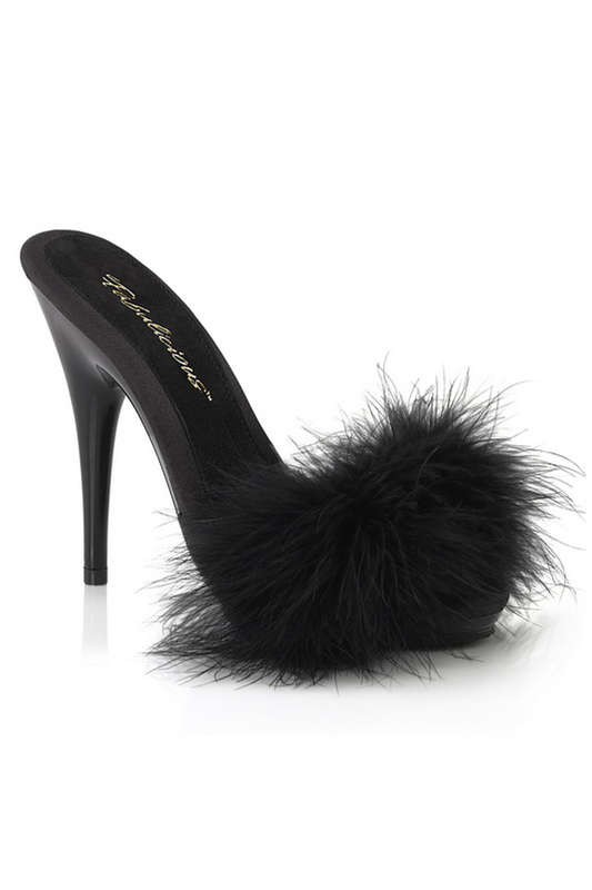 5" Heel Black Satin Marabou Sandals
