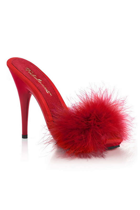 5" Heel Red Satin Marabou Sandals
