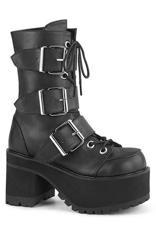 3 3/4" Block Heel Black Vegan Leather Ankle Boots