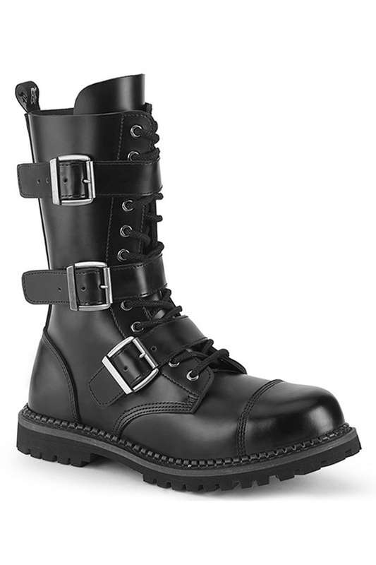 Demonia Black Leather Unisex Triple Buckle Ankle Boots