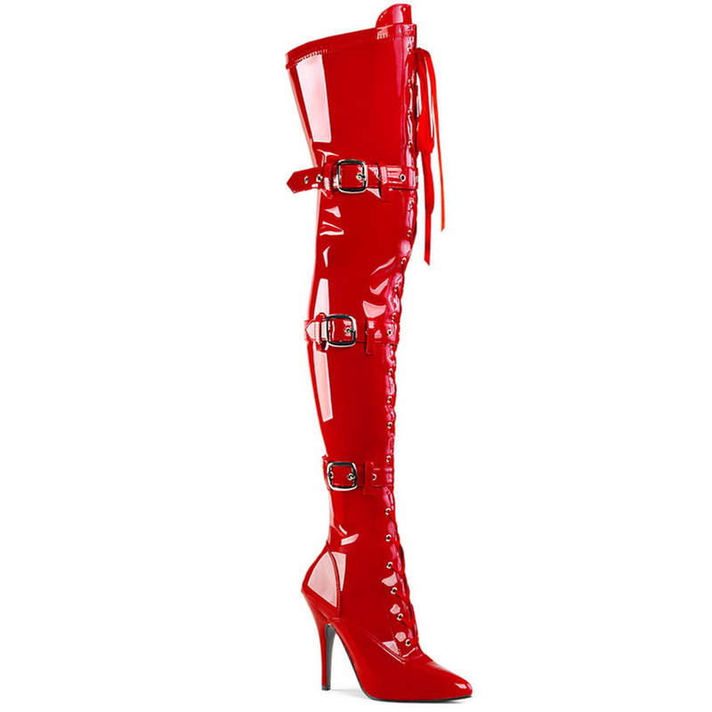 5" Heel Red Ribbon Lace-Up Thigh High Boots