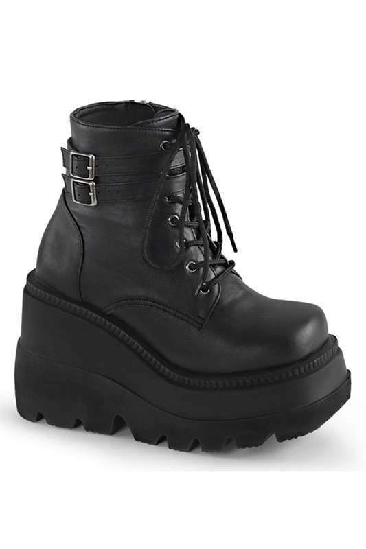 4 1/2" Stacked Wedge Black Vegan Leather Ankle Boots