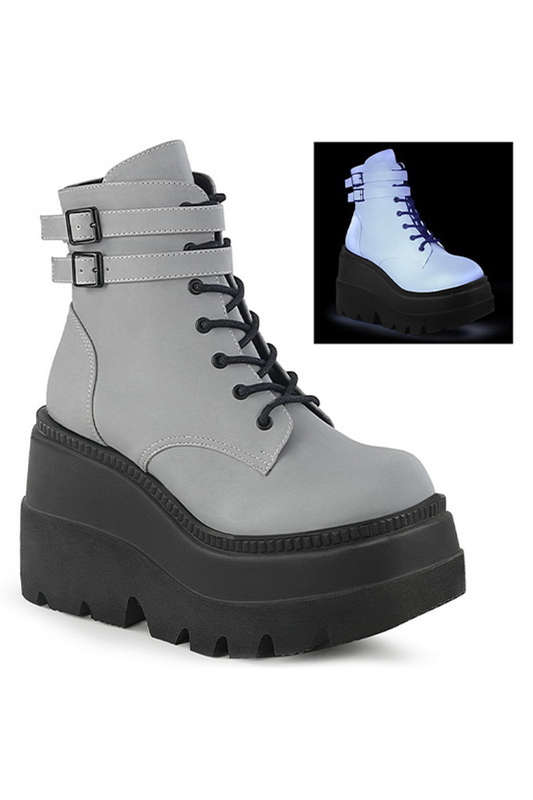 4 1/2" Stacked Wedge Grey Reflective Ankle Boots